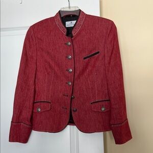 Hand-tailored Chic Red Linen Blazer with Dark Gray Accents
